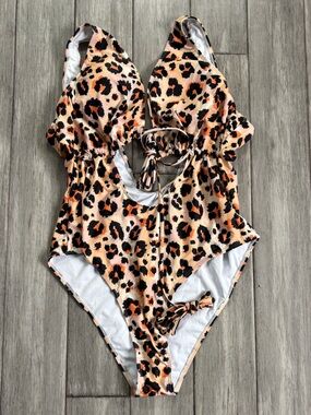 SHEIN Peach, Black & Orange Leopard One-Piece Swimsuit